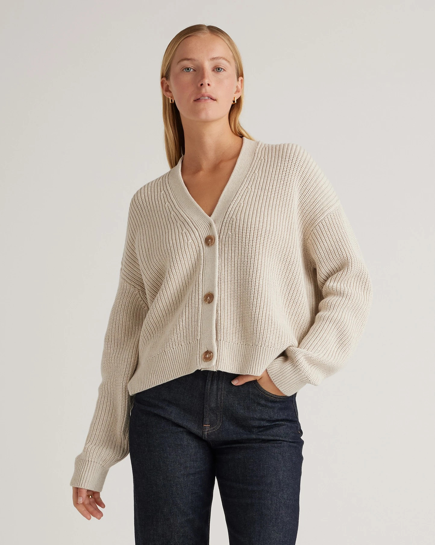 100% Organic Cotton Fisherman Boxy Cropped Cardigan in Speckled Beige | Quince