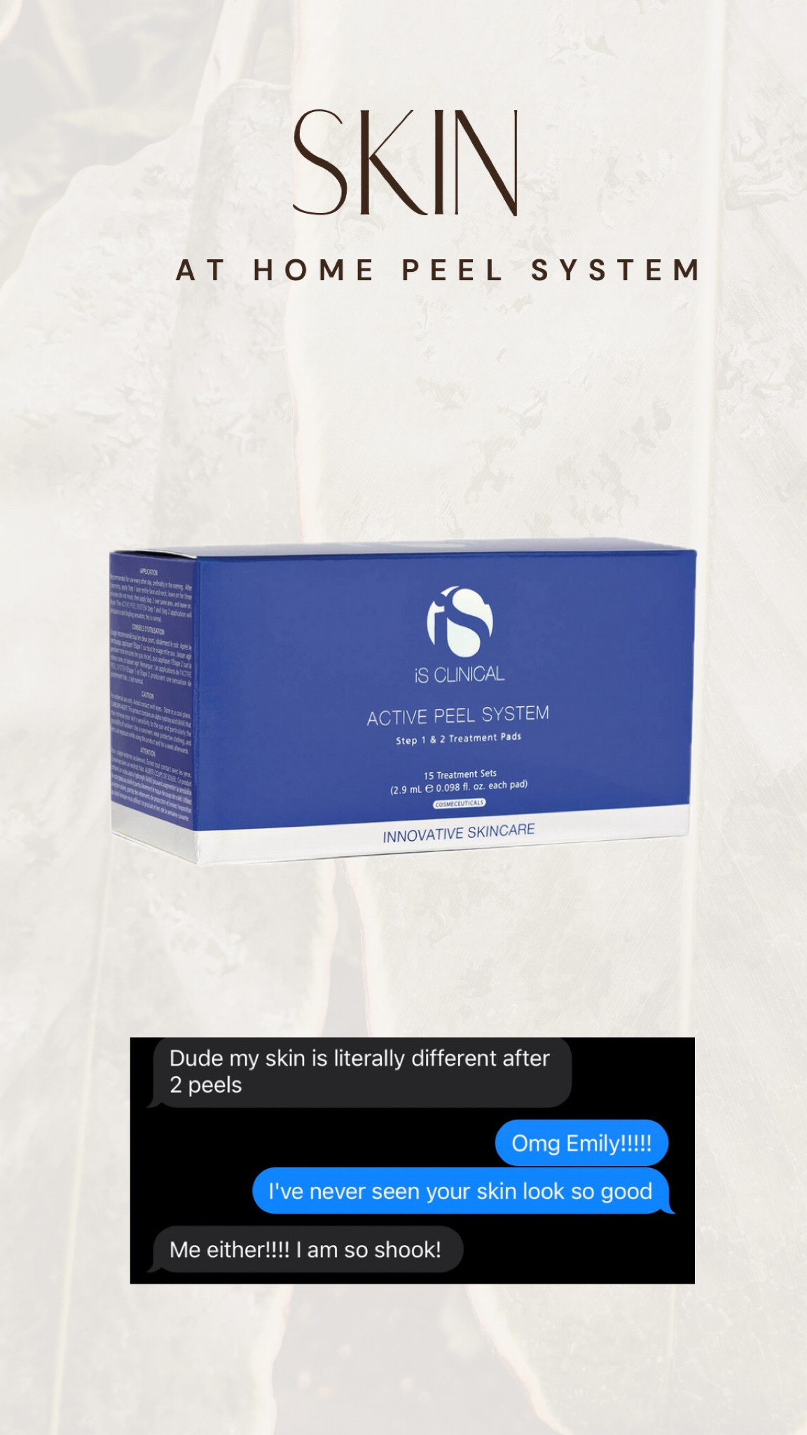 The iS Clinical Active Peel system is a game-changer in skincare. This exceptional AGE-DEFYING, EXFOLIATING, REJUVENATING   treatment has the power to improve the appearance of skin tone and texture while providing controlled exfoliation to resurface and polish the skin. I wholeheartedly suggest it to all.