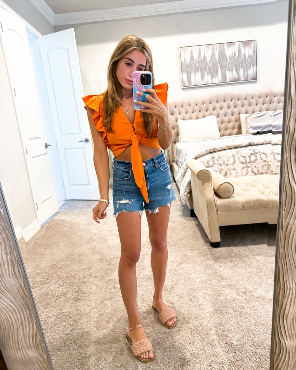 Denim shorts size 24 ruffle top tie size Xs on sale code AFBELBEL flat sandals on sale 

#LTKsalealert #LTKunder50 #LTKunder100