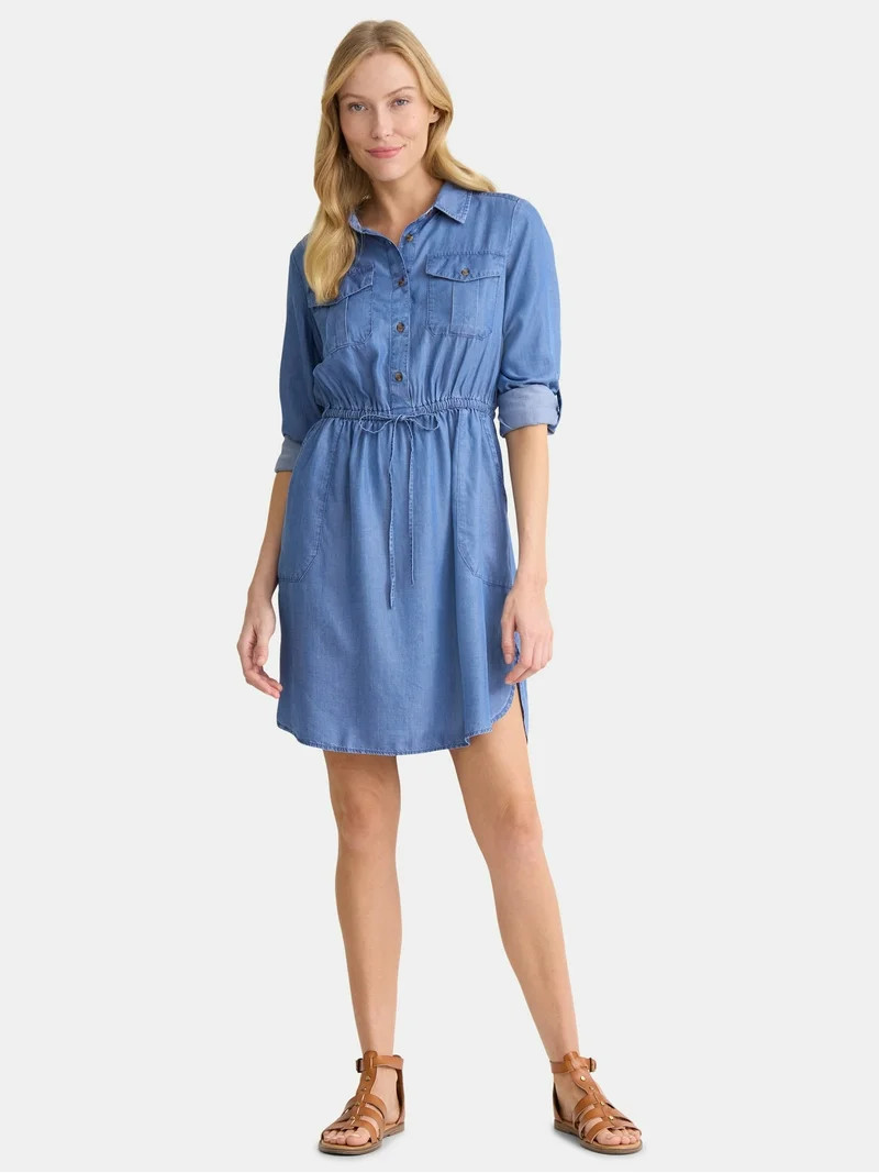 Time and Tru Women’s Soft Chambray Utility Shirt Dress, Sizes XS-XXXL | Walmart (US)