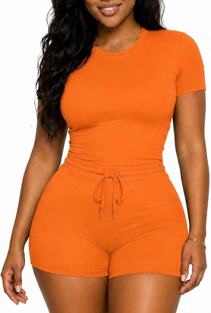 LovelyWholesale Women's Summer 2 Piece Outfits Skinny Shorts Tracksuit Sets | Amazon (US)