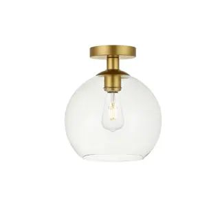 1-light Flush-mount Ceiling Fixture w/ 10-in. Spherical Clear Glass Shade - Brass | Bed Bath & Beyond