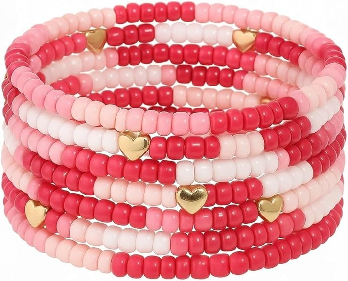 Ustome Valentine's Pink Heart Star Stackable Seed Beaded Bracelets Set For Women,Handmade Stretch... | Amazon (US)