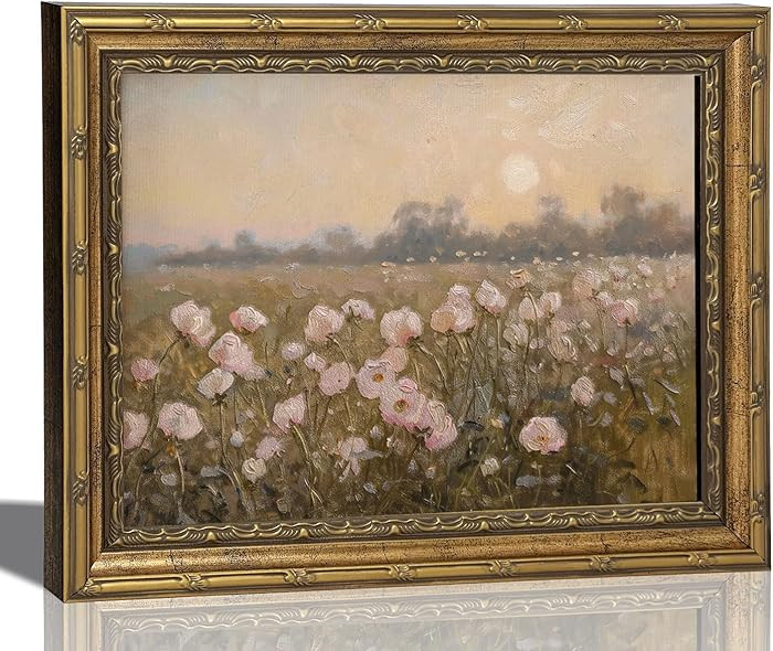 Gold Framed Vintage Pink Wildflower Canvas Wall Art, Spring Field Landscape Painting Picture Wall... | Amazon (US)