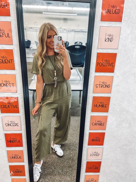 Teacher outfit! 
Obsessed with this jumpsuit! I now have it in 3 colors🤣 it’s so cute and comfy!! I sized down one tj a small and I’m 5’6”!
Adidas Sambas sneakers: true to size 

| teacher outfit | spring outfit | summer outfit | work outfit | amazon fashion 

#LTKSeasonal #LTKShoeCrush #LTKWorkwear