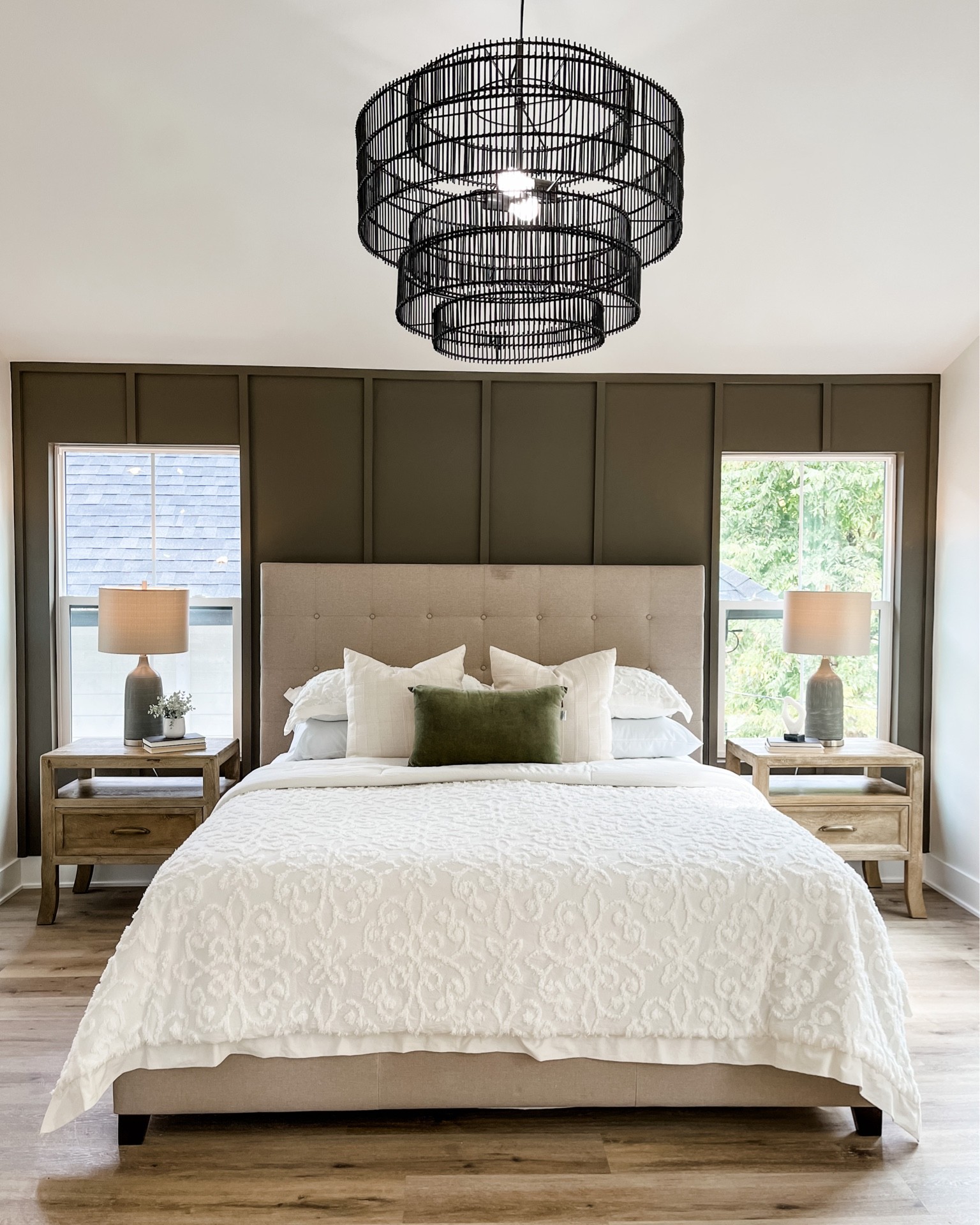 A lovely Primary Suite with neutral decor and furniture to balance with the subtle green accent wall.

#LTKhome #LTKstyletip