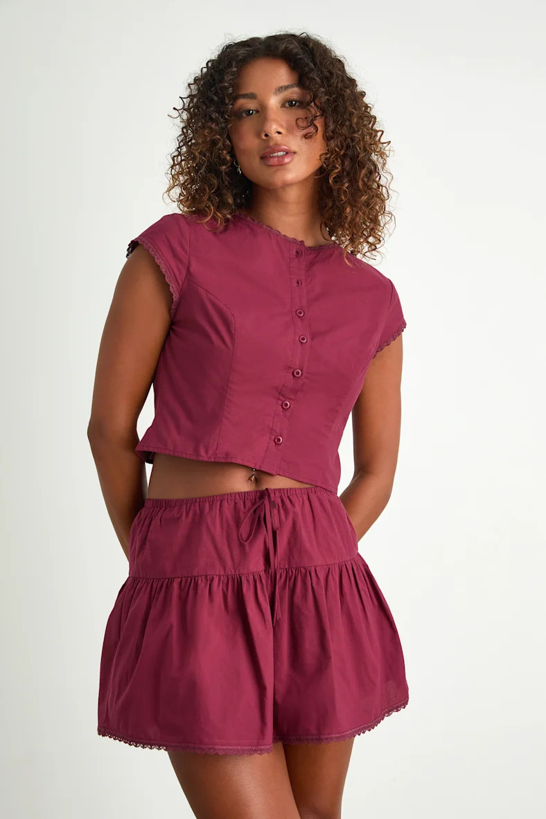 Melicia Burgundy Drawstring Tiered Mini Skirt | Lulus