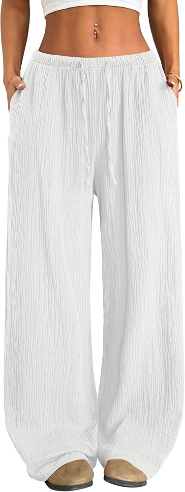 ZAFUL Drawstring Elastic Low Waist Flowy Palazzo Pants for Women with Pockets Casual Loose Pant S... | Amazon (US)