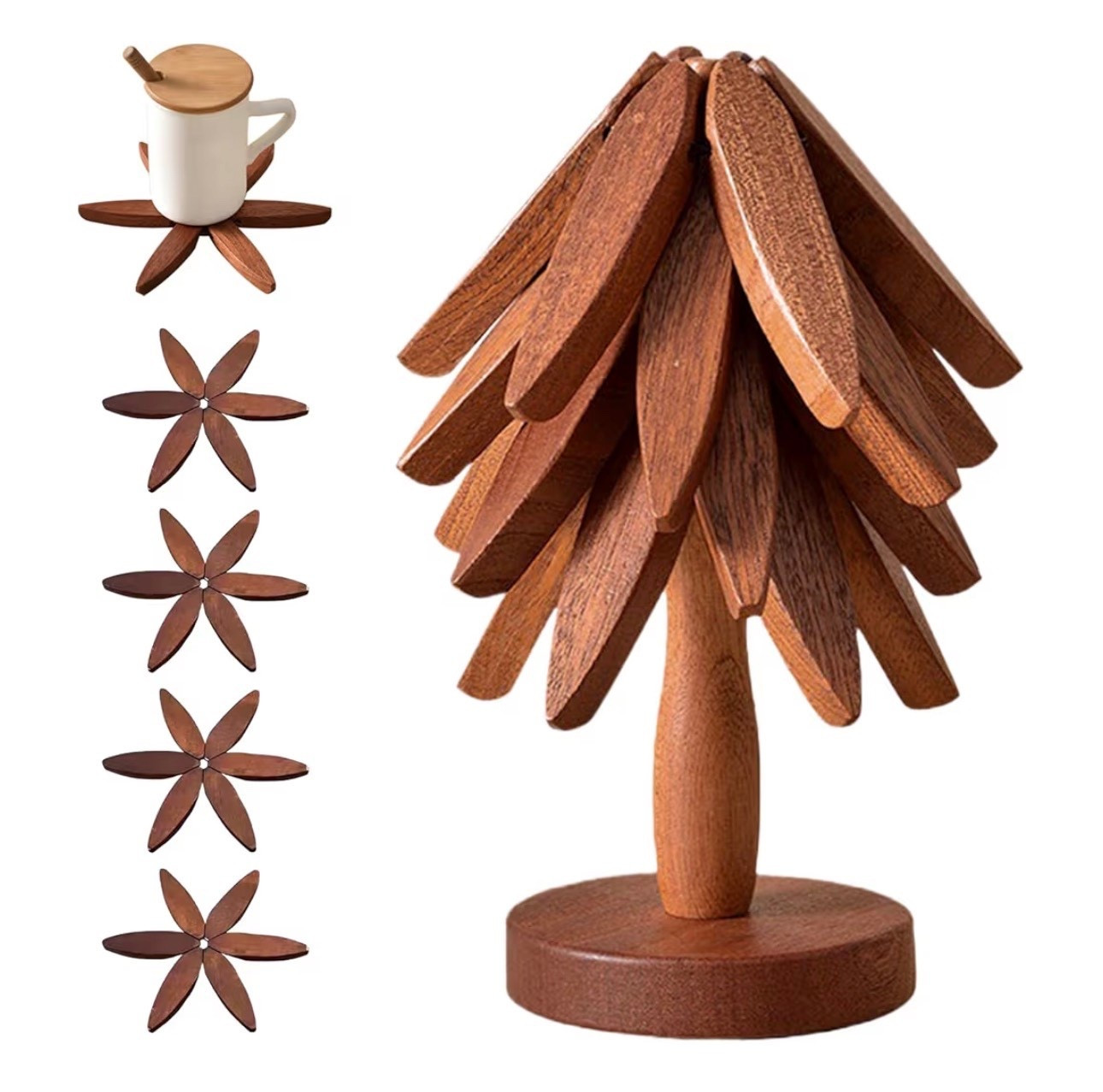 Wooden Trivets for Hot Dishes, Tree Shape Trivet Set, 4 Walnut Wood + 1 Stand stored Like a Christmas Tree,Foldable Kitchen Wooden Trivet,for Hot Dishes、Pot、Bowl、Teapot、Hot Pot Holder(Walnut Wood