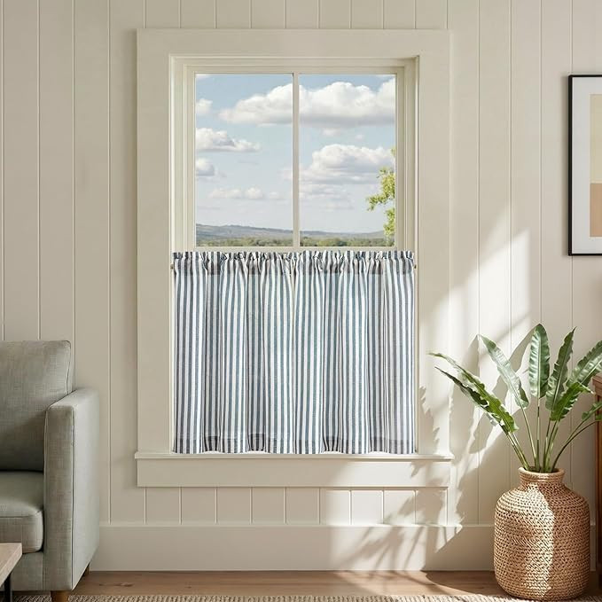 jinchan Striped Linen Kitchen Curtains 24 Inches Length Tier Curtains Farmhouse Modern Cafe Style... | Amazon (US)