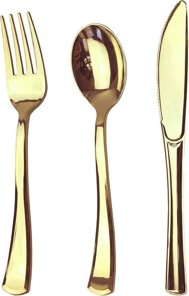75 Piece Gold Plastic Silverware Set - Reusable & Recyclable - Gold Plastic Utensils for Weddings... | Amazon (US)