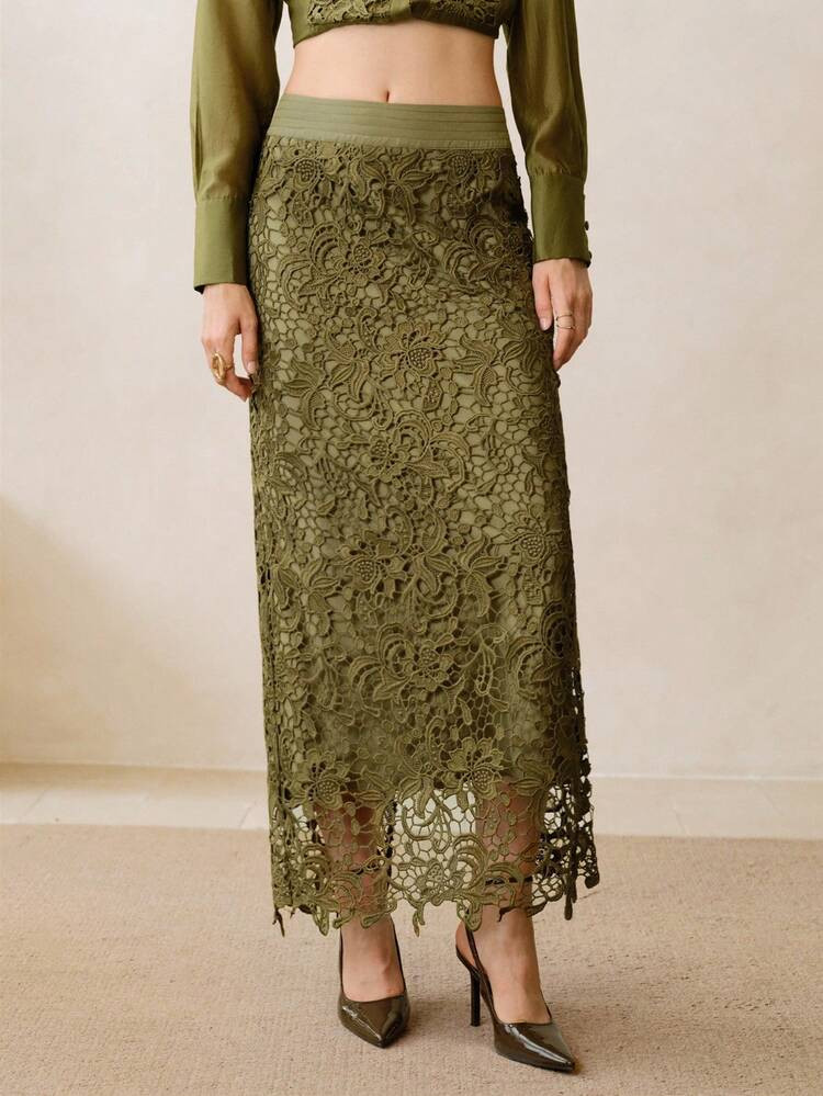 Arave Women's Hollow Water-Soluble Lace Embroidery Fabric Slim Waist Straight Everyday Elegant Sk... | SHEIN