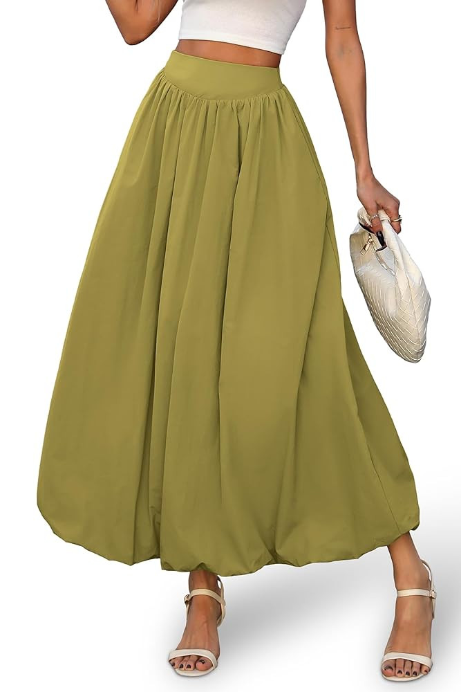 ELLEVEN Women's Bubble Maxi Skirt with Pockets，Elastic Waist Puffy Hem Y2k Skirt Casual A Line ... | Amazon (US)