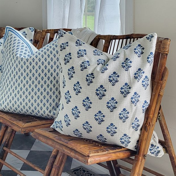 BLUE FLORAL BLOCK PRINT PILLOW COVER | Antique Farm House