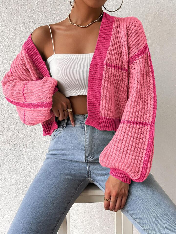 Contrast Trim Lantern Sleeve Duster Cardigan | SHEIN