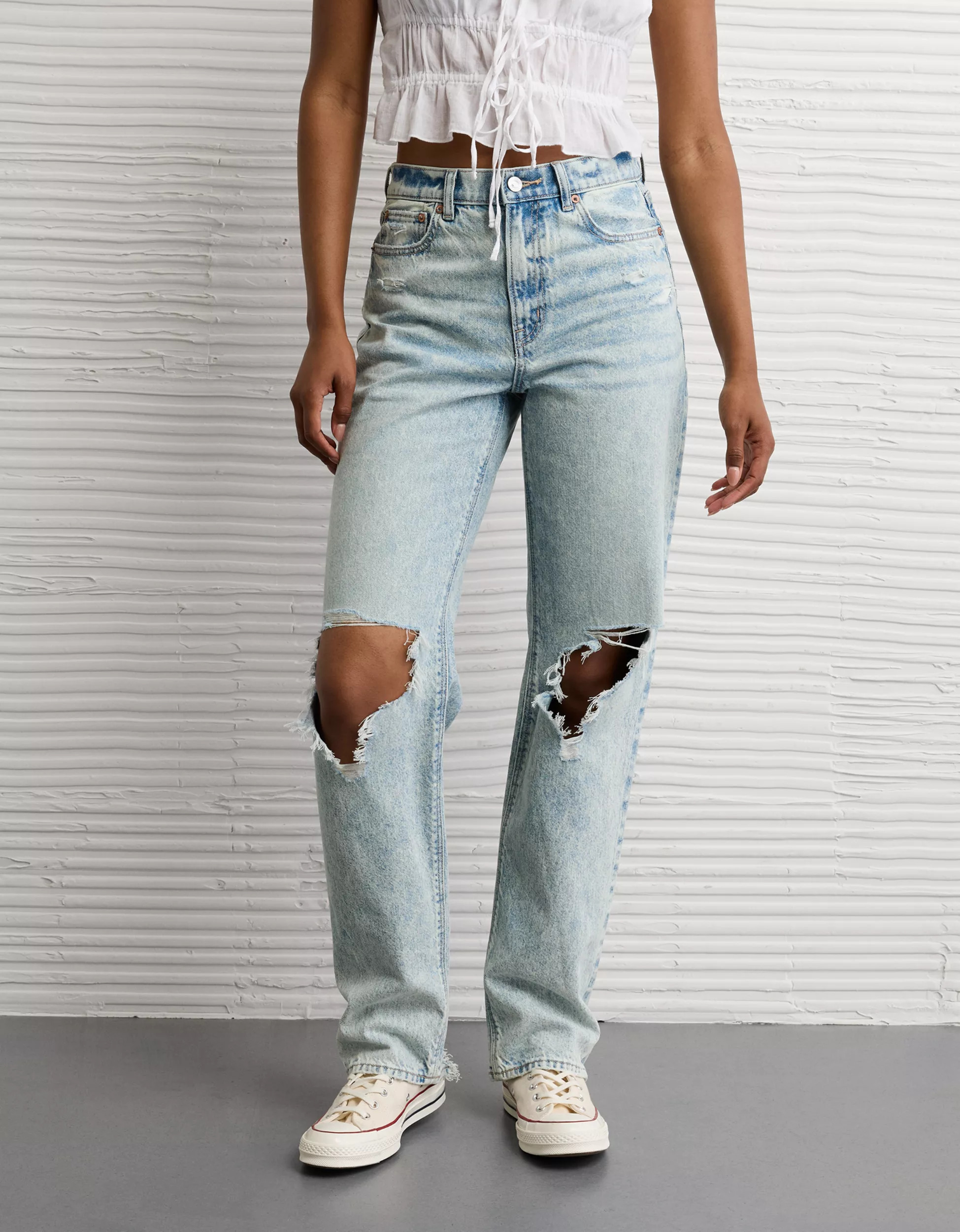 AE Strigid Ripped Super High-Waisted Baggy Straight Jean | American Eagle Outfitters (US & CA)