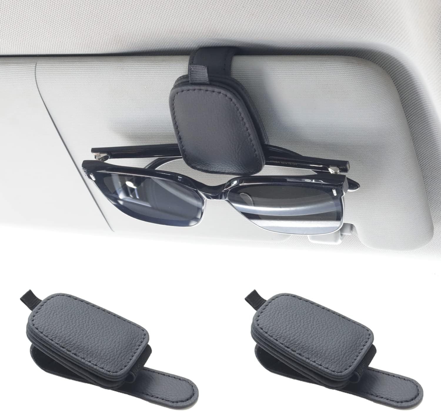 Yuoyar 2 Packs Sunglasses Holders for Car Visor - Magnetic Leather Sunglasses Holder and Ticket C... | Amazon (US)