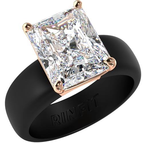 Rinfit Silicone Ring with Stone - Emerald Cut Cubic Zirconia Solitaire Engagement Ring for Women - Rubber Wedding Bands - Black/Rose Gold - Size 4 | Amazon (US)