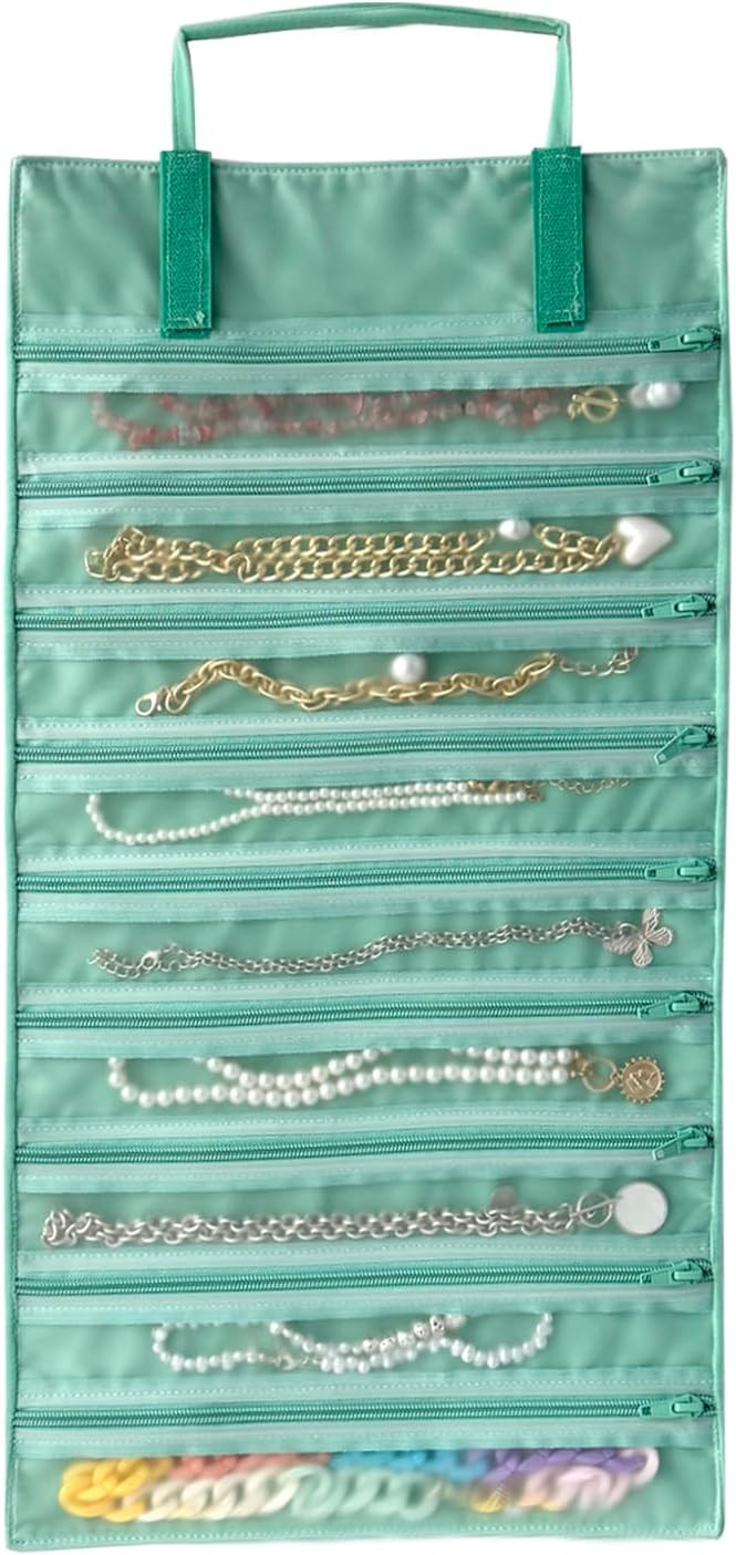 Velvet Travel Jewelry Case Roll Bag Organizer for Necklace, 9 Zipped Grids, Ice Green | Amazon (US)