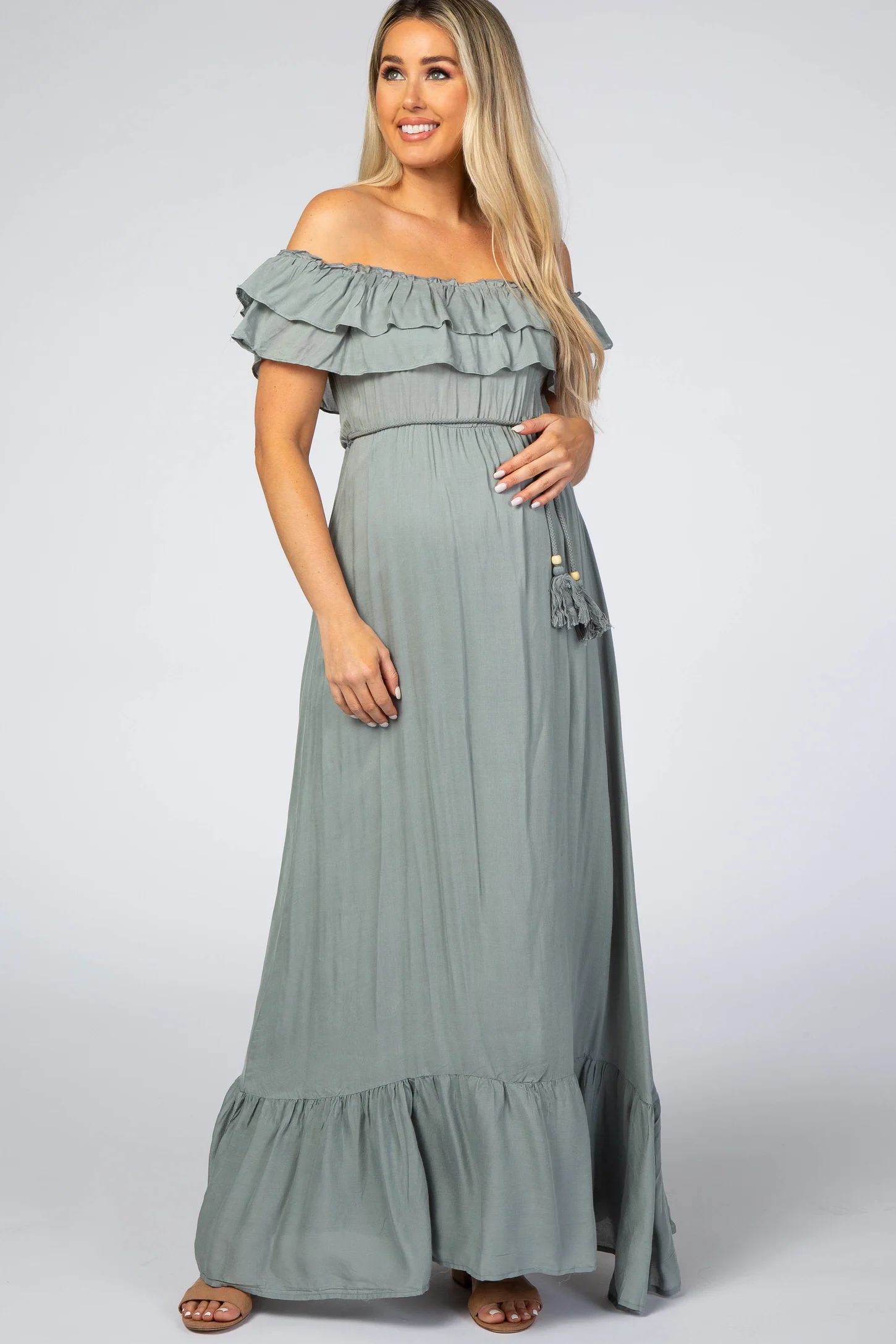 Sage Off Shoulder Tassel Tie Maternity Maxi Dress | PinkBlush Maternity