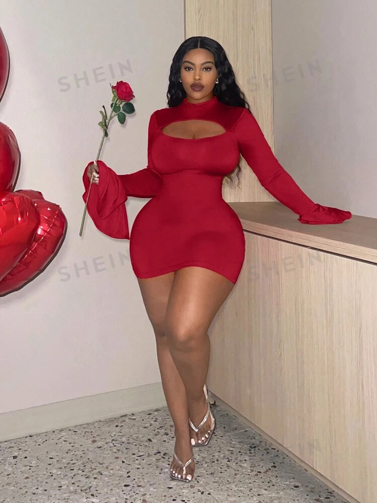 SHEIN Slayr Slayr Plus - Sexy Red Hollow Out Bodycon Dress With Flared Sleeves For Valentine's Da... | SHEIN