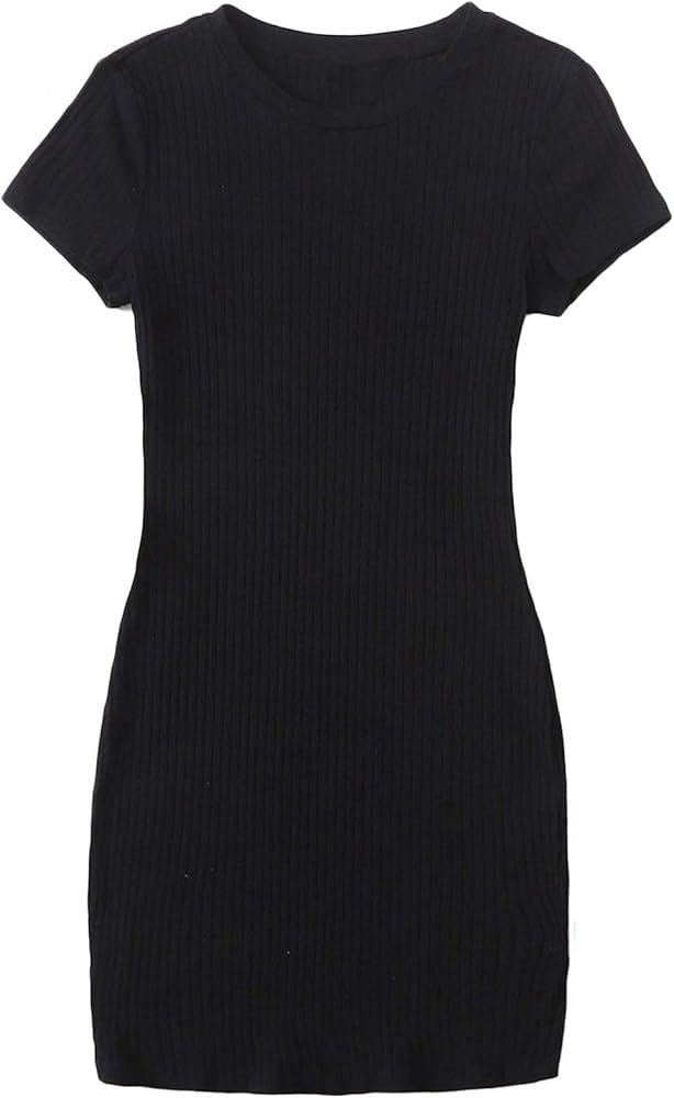 Verdusa Women's Round Neck Short Sleeve Rib Knit Mini Bodycon Tee Dress | Amazon (US)