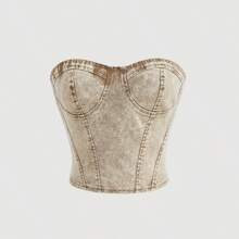 Distressed Solid Breast Cup Division Bustier Tube Denim Corset Top | SHEIN