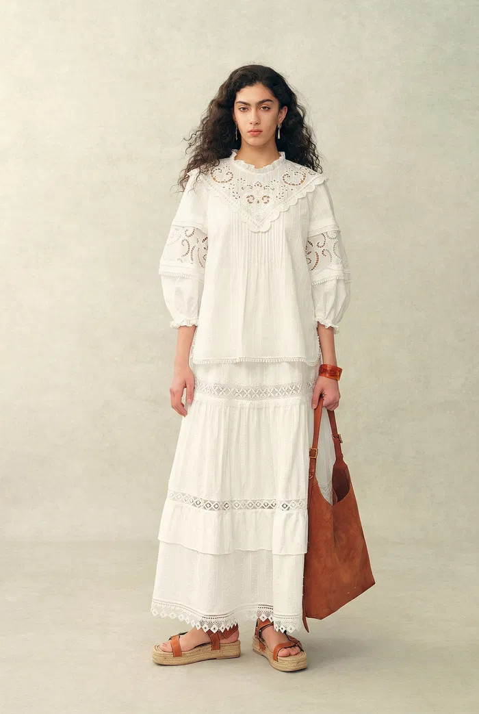 Iris V-Seam Embroidery Puffy Sleeve Blouse and Skirt Set in Cotton Jac | Fabrique