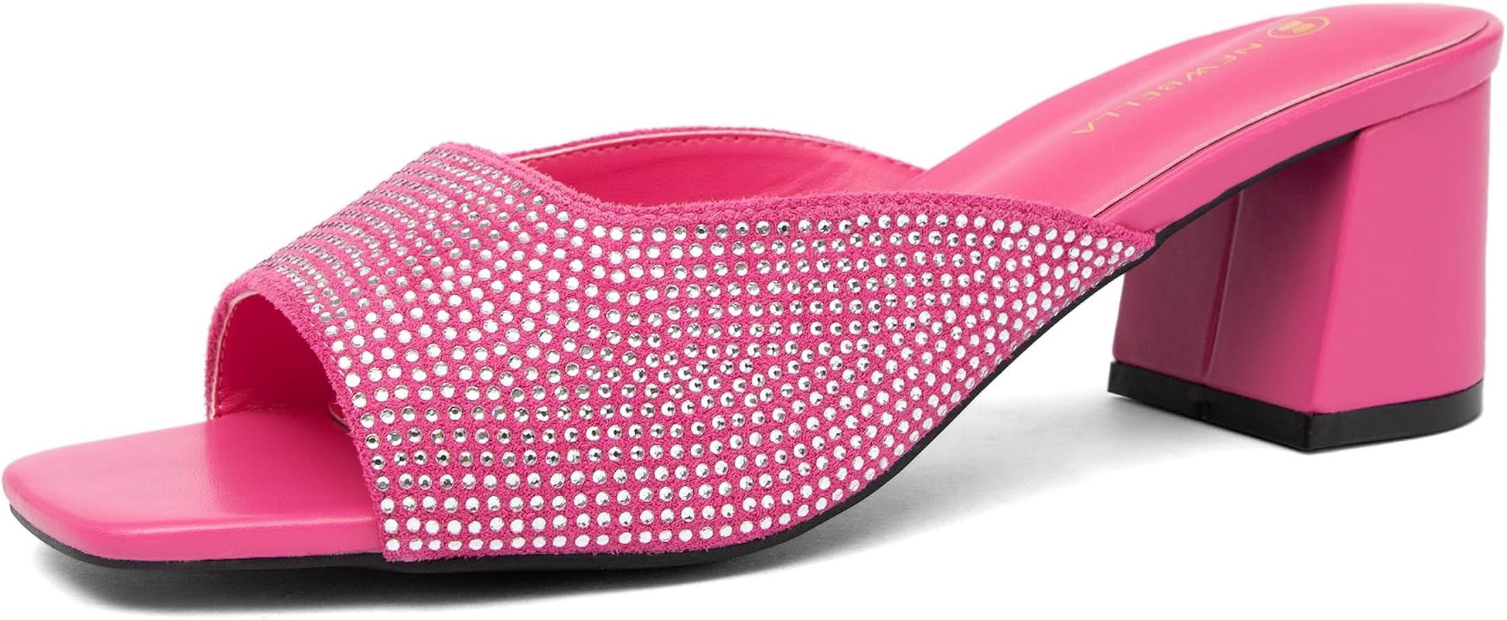 NEWBELLA Women's Crystal Embellished Sandals - Square Toe Slip-on with Chunky Mid Heel, Comfortab... | Amazon (US)