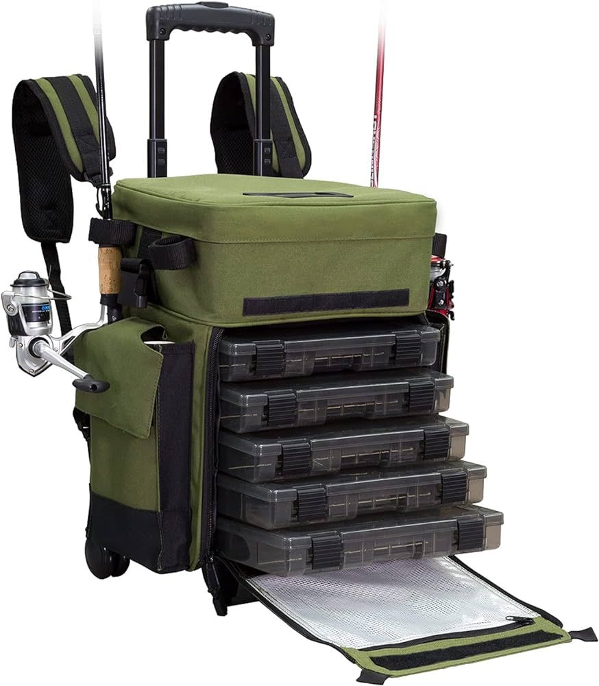 Elkton Outdoors Rolling Tackle Box with Wheels - Waterproof Fishing Backpack, 5 Removable Trays, ... | Amazon (US)