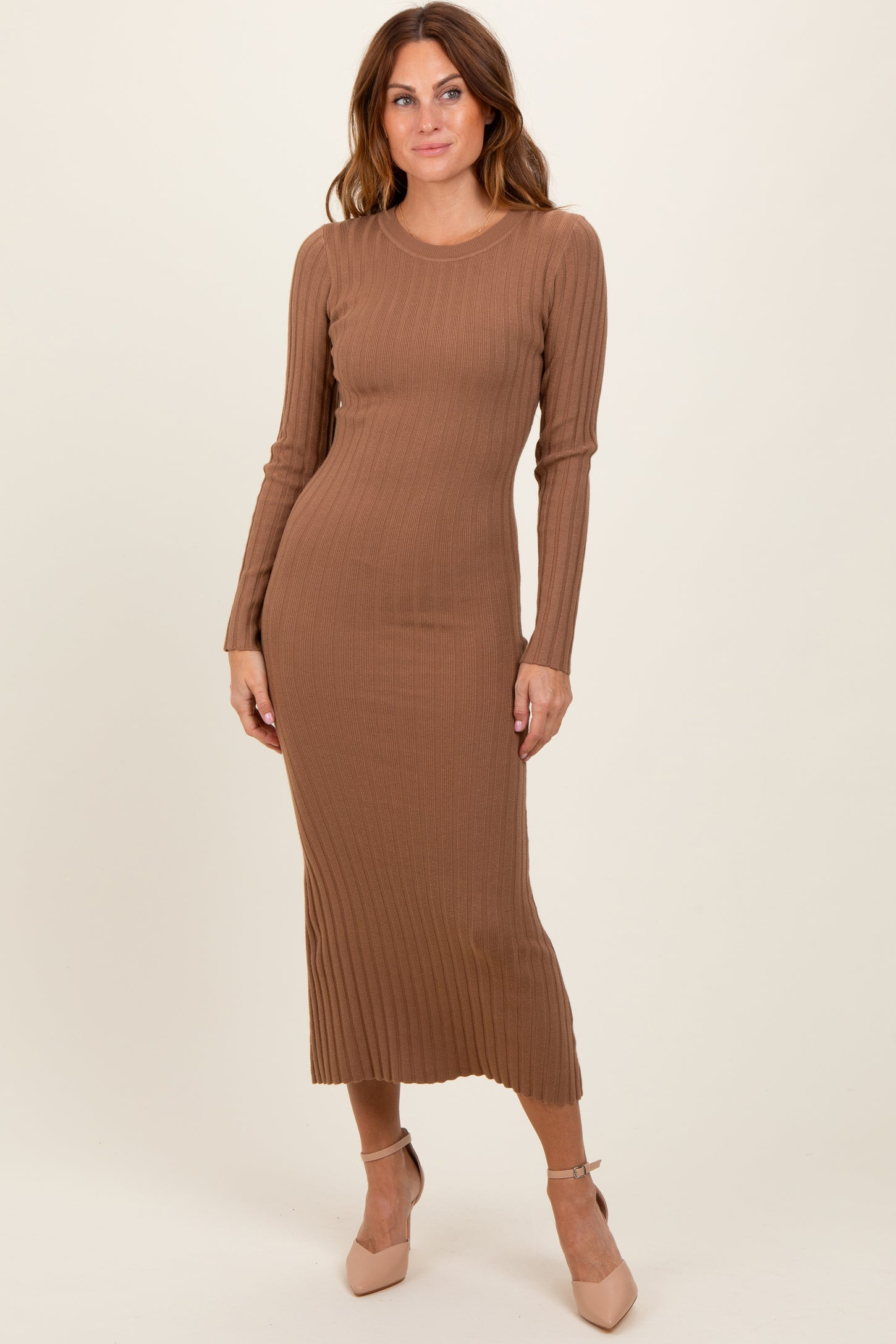Mocha Ribbed Knit Fitted Midi Sweater Dress | PinkBlush Maternity
