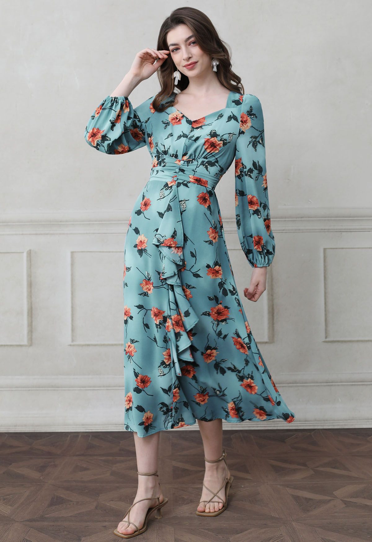 Red Floral Printed Sweetheart Neckline Ruffle Midi Dress in Blue | Chicwish