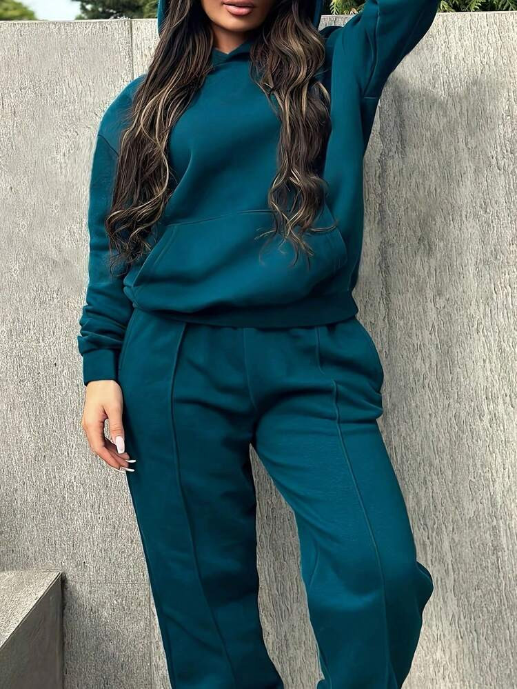 2pcs/Set Thermal Lined Solid Color Hoodie And Relaxed Straight Sweatpants, Autumn/Winter | SHEIN