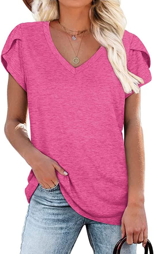 WIHOLL Womens Tops V Neck Summer Petal Sleeve Casual Tshirts | Amazon (US)