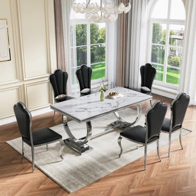 70”Marble Dining Table Set For 6,Modern 7-Piece Faux Marble Dining Table Set With 6 High-Backed Chairs, Luxury Kitchen Dining With Stainless Steel Ped | Wayfair North America