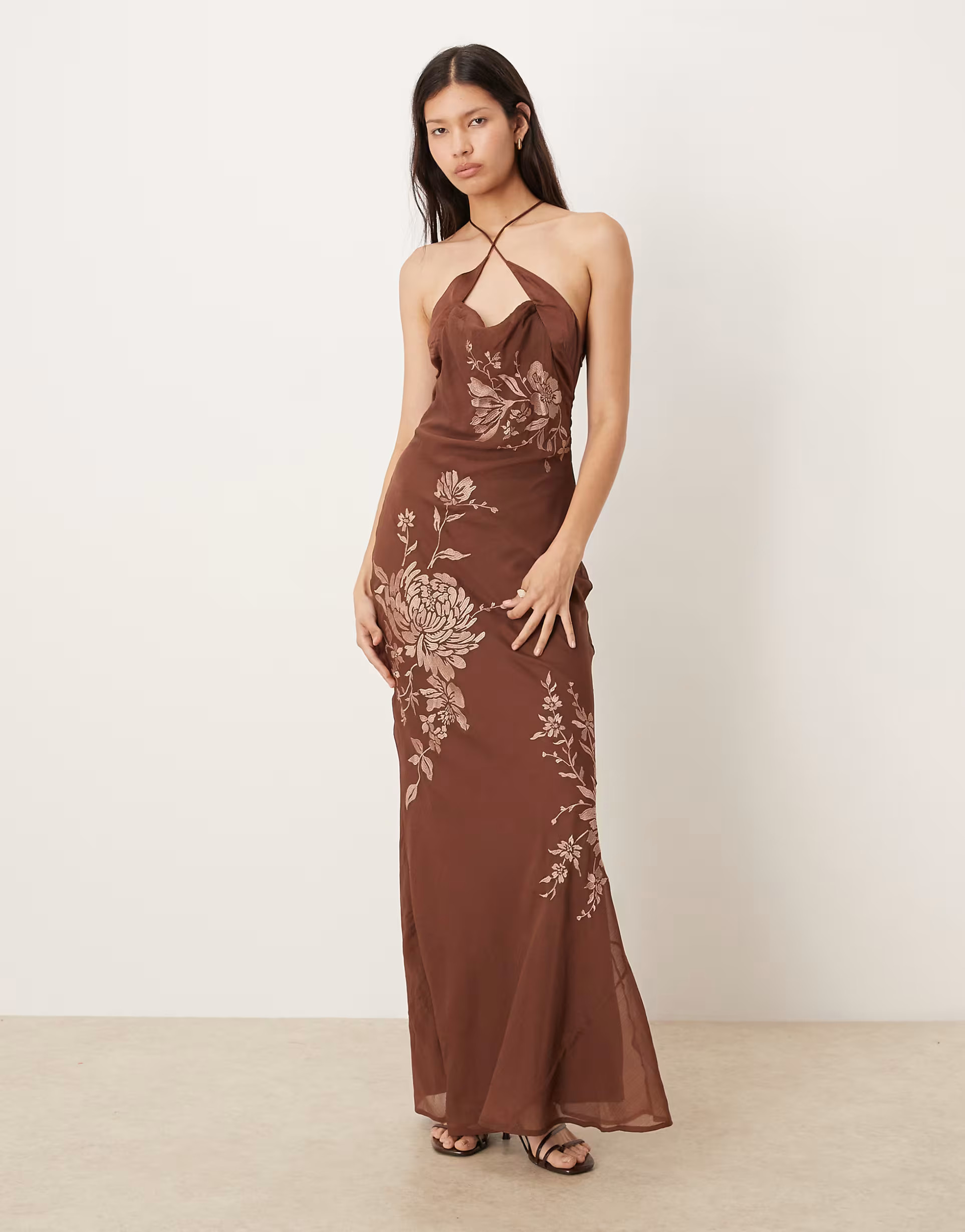 ASOS DESIGN tonal embroidery halter maxi dress with keyhole front detail in brown | ASOS (Global)