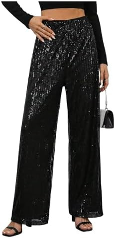 WDIRARA Women's Sequin Sparkle Pants Elastic Waist Wide Leg Party Club Trousers | Amazon (US)
