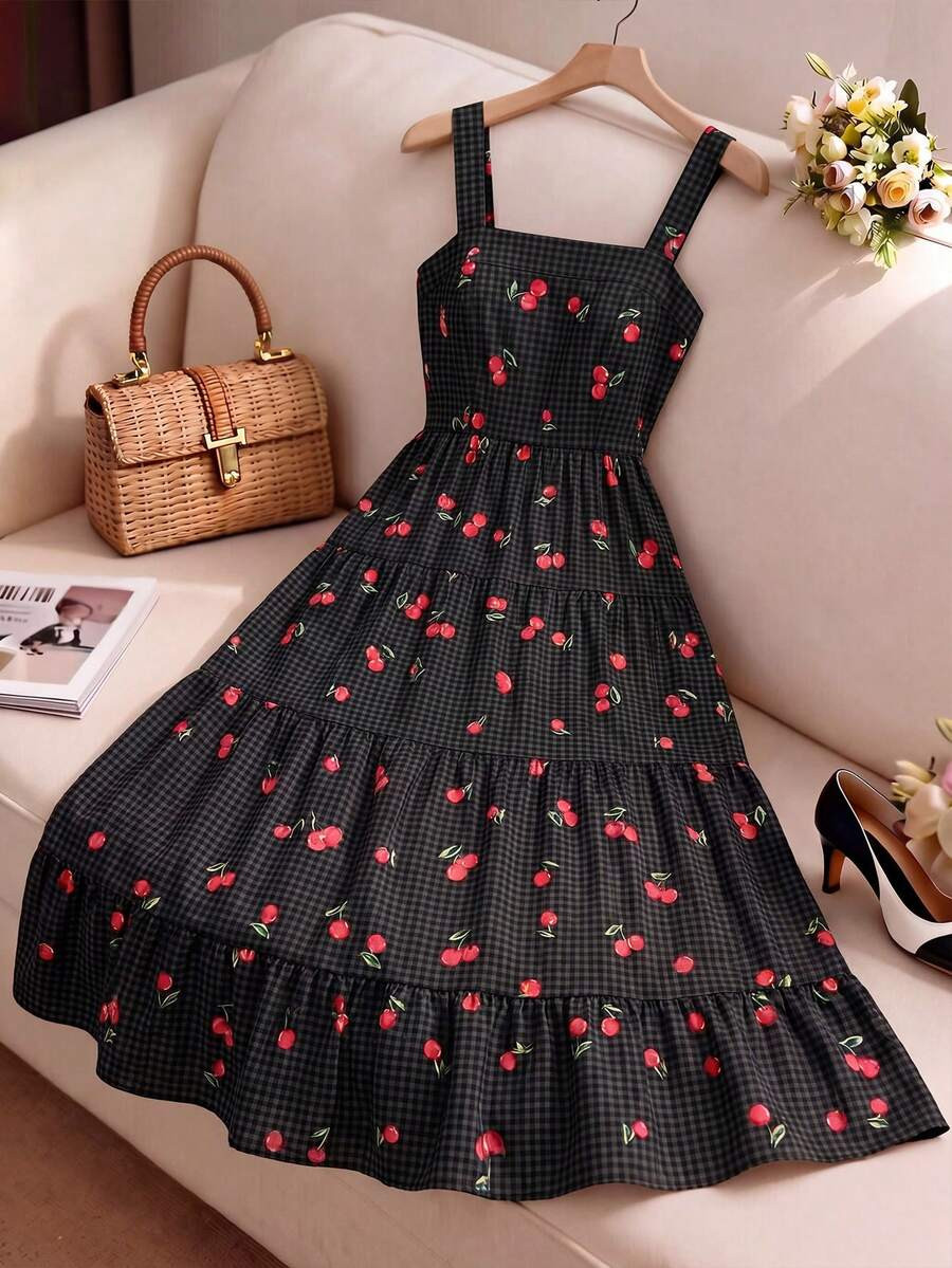 Elenzga Plus Size Women Cherry Print Ruffle Hem Cami Dress | SHEIN