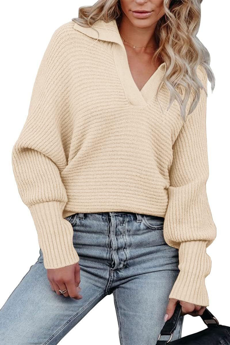 LILLUSORY Women V Neck Batwing Long Sleeve Oversized Fall Sweater 2023 Casual Collar Pullover Ribbed Knit Tunic Tops Apricot | Amazon (US)