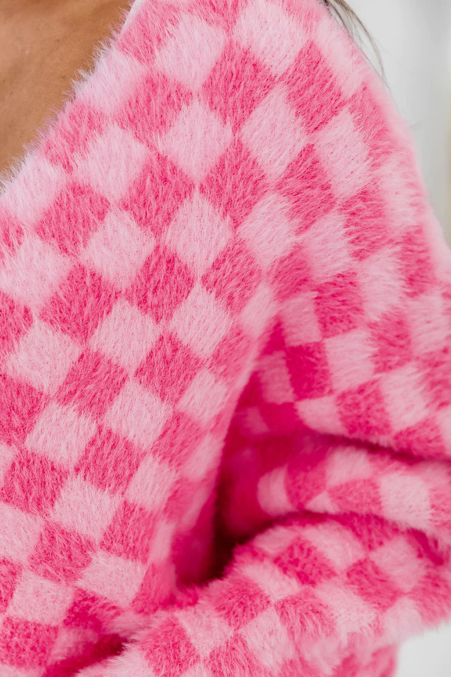 Hanging By A Moment Pink Fuzzy Checkered Oversized Cardigan | Pink Lily