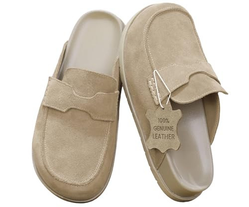 BLUEAGLE 100% Genuine Leather Suede Clogs Slip On Mules with Memory Foam Arch Support & Non-Slip Sole Platform Clog for Women Clogs for Footwear Platform Winter Shoes Taupe | Amazon (US)