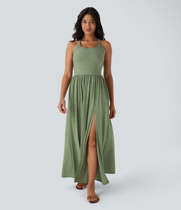 Women\u2019s Twisted Backless Split Flowy Maxi Resort Dress with Pockets - Halara | HALARA