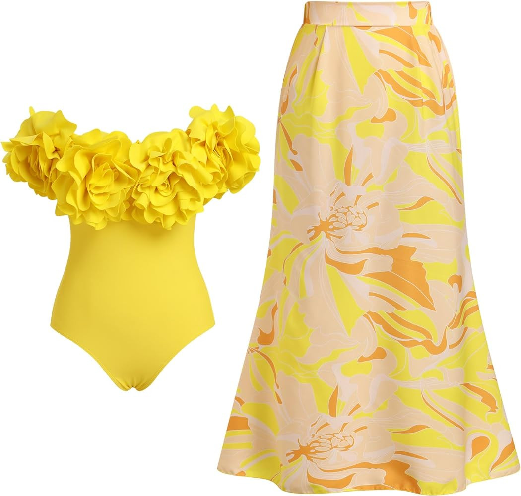 AFAVOM Women One Piece Swimsuit Sexy Floral Vintage Bathing Suit + Cover up Skirt 2PCS/3PCS Beach... | Amazon (US)