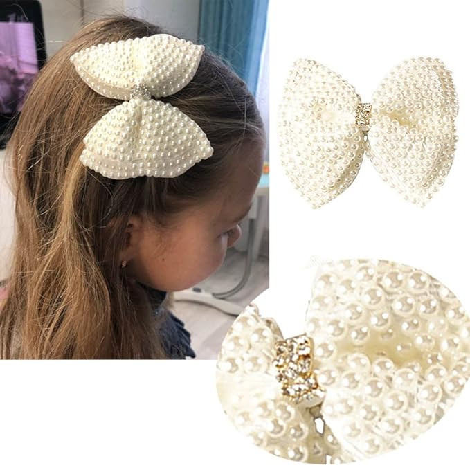 2 Pack 3.5inch White Rhinestone Hair Bows for Girls Cute Pearls Hair Bow with Alligator Hair Clip... | Amazon (US)