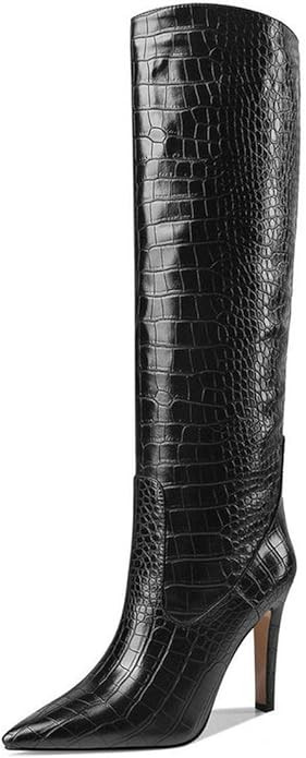 MODENCOCO Women's Pointed Toe Slip On Crocodile Stiletto High Heel Knee High Boots 4 Inch | Amazon (US)