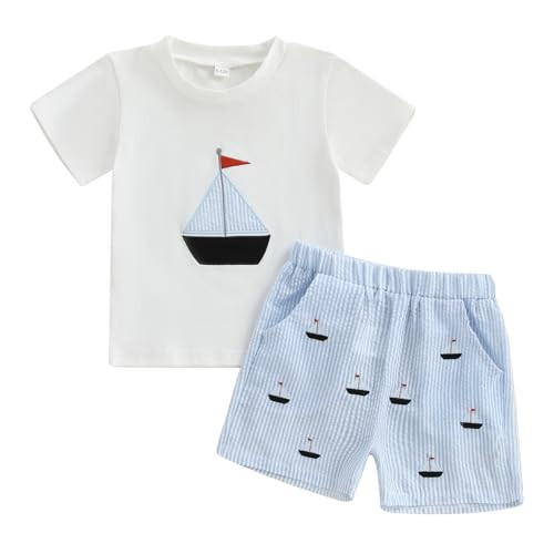 Gueuusu Toddler Baby Boy Summer Outfit Sailboat Embroidery Short Sleeve T Shirt Striped Shorts Set Infant Beach Clothes (White Blue, 2-3T) | Amazon (US)