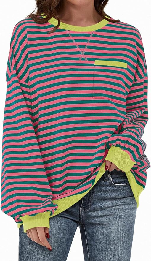 TARSE Oversized Crewneck Sweatshirt for Women Dropped Shoulders Striped Shirt Plain Pullover Ladi... | Amazon (US)
