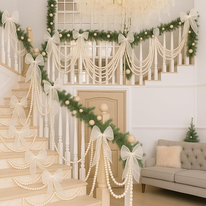 Sumind Christmas Bow Pearl Garland Staircase Decorations 10 Pcs Bows with 164 ft Pearl Strings Ch... | Amazon (US)