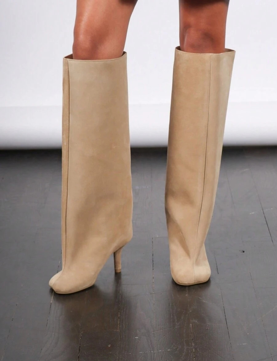 Knee High Boot Square Toe Kitten Heel Stiletto Heeled Boots For Woman Apricot Suede Wide Calf Lon... | SHEIN