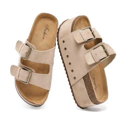 Zenithra Women's Platform Slides Sandals with Arch Support, Platform Clogs Sandal with Comfort Cork Footbed Casual Summer Double Buckles Beach Platform Slide Mules for Outdoor | Amazon (US)